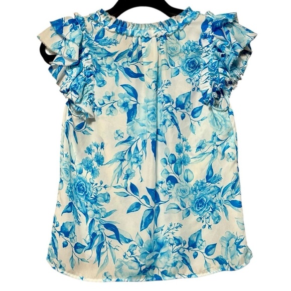 CUPCAKES & CASHMERE Ruffled Floral Rose Print Flutter Sleeve Pull On Blouse XS - Picture 6 of 8
